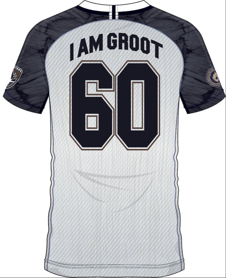 Vue arrière du maillot 'I AM GROOT 60' Marvel avec numéro 60 et texte I AM GROOT, style sportif et design inspiré de Groot.