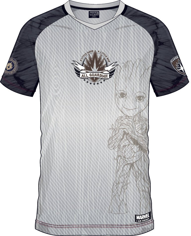 Maillot de football Marvel 'I AM GROOT 60' avec illustration détaillée de Groot, logo All Guardian et écussons sur les manches.