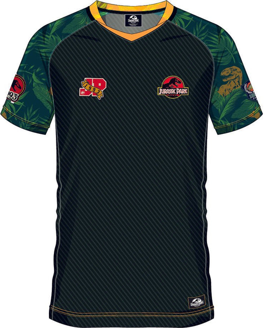 Maillot de football SOCCER JERSEY JURASSIC PARK 93 noir avec motifs tropicaux, logos Jurassic Park et patchs collector sur les manches.