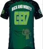 Vue arrière du maillot Rick and Morty 13 avec grand numéro C-137 et Morty en mouvement, idéal pour les amateurs de football et de pop culture.