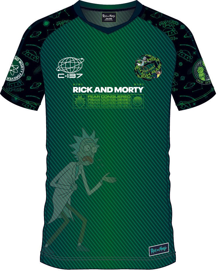 Vue frontale du maillot Rick and Morty 13 vert avec Rick en transparence, logos thématiques et détails de science-fiction sur les manches.