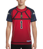 Maillot de football SOCCER JERSEY RIN ITOSHI 1 rouge et noir porté, inspiré de Blue Lock, avec le numéro 1 sur le devant. Idéal pour fans d'anime et sportifs.