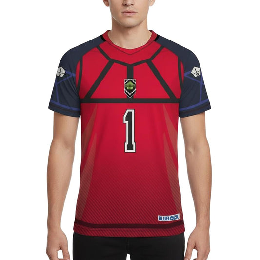 Maillot de football SOCCER JERSEY RIN ITOSHI 1 rouge et noir porté, inspiré de Blue Lock, avec le numéro 1 sur le devant. Idéal pour fans d'anime et sportifs.