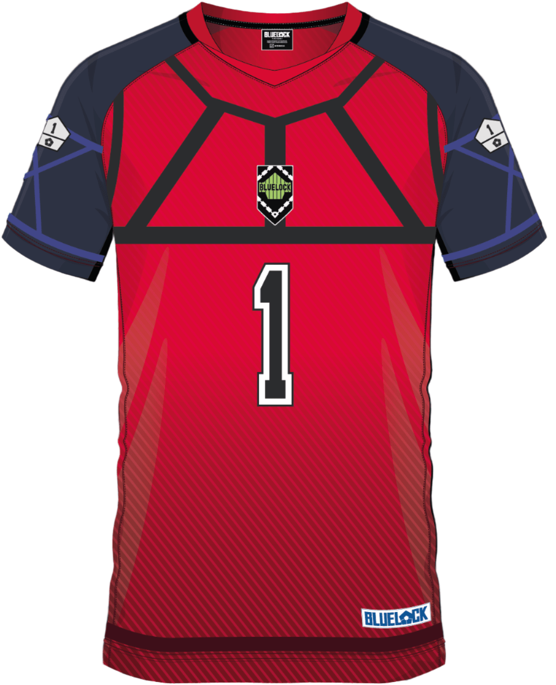 Maillot SOCCER JERSEY RIN ITOSHI 1 en vue frontale, design rouge avec détails noirs et logo Blue Lock, catégorie uniformes de sport.