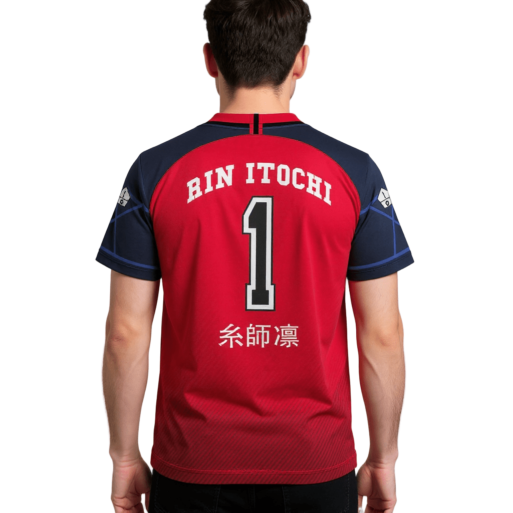 Vue arrière du maillot SOCCER JERSEY RIN ITOSHI 1 avec nom et numéro, design Blue Lock, parfait pour cosplay ou tenues sportives personnalisées.