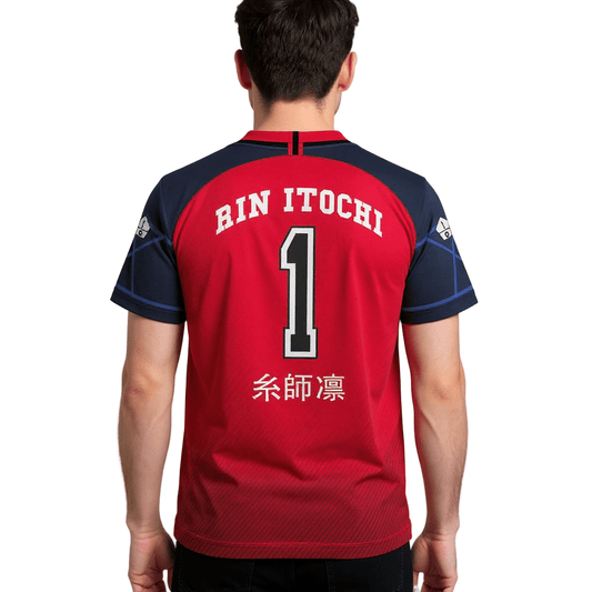 Vue arrière du maillot SOCCER JERSEY RIN ITOSHI 1 avec nom et numéro, design Blue Lock, parfait pour cosplay ou tenues sportives personnalisées.