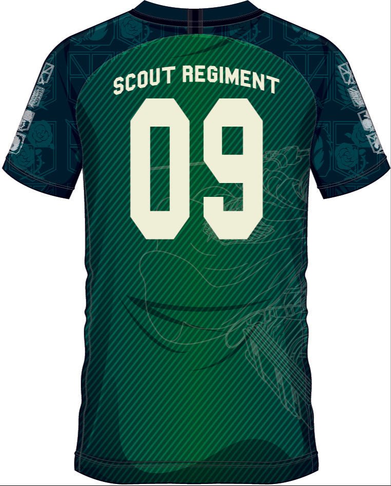 Vue arrière du maillot SCOUT REGIMENT 09 avec numéro 09 et motifs de L'Attaque des Titans, conçu pour les fans de sport et de cosplay.