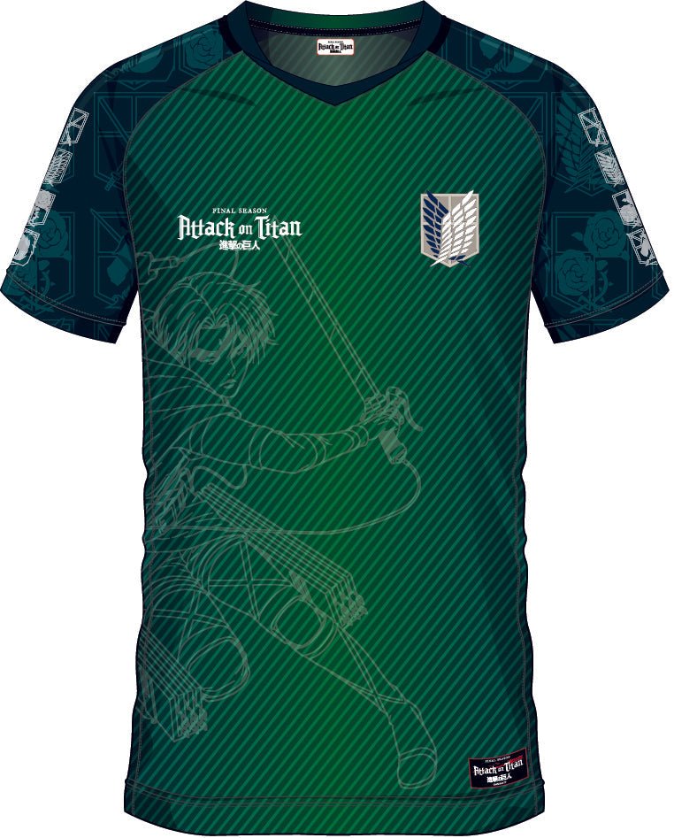 T-shirt de collection SCOUT REGIMENT 09 vert avec design manga Eren et logos de L'Attaque des Titans, idéal pour les amateurs de football et d'anime.
