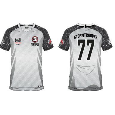 Vue avant et arrière du maillot de football STORMTROOPER 77, produit sous licence Star Wars, parfait pour les fans et les amateurs de jerseys uniques.