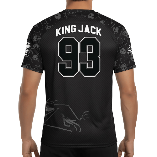 Dos du maillot de football 'The Nightmare Before Christmas' avec 'King Jack' et numéro 93, décoré de motifs de Jack Skellington.