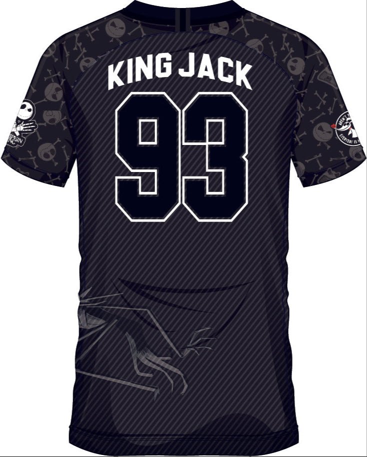 Vue arrière du maillot 'The Nightmare Before Christmas' avec numéro 93 et nom 'King Jack', idéal pour les collectionneurs de produits dérivés.