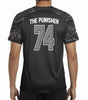 Dos du maillot de football THE PUNISHER 74 avec lettrage blanc et numéro 74, design inspiré de Marvel pour collectionneurs et supporters.