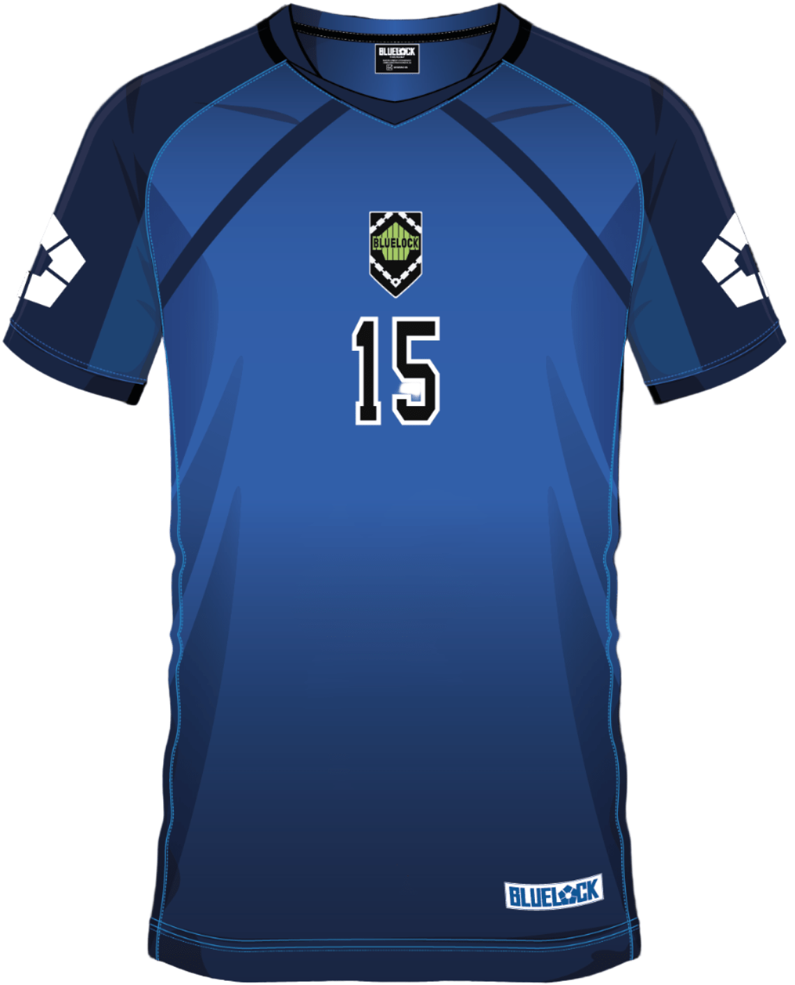 Maillot de football SOCCER JERSEY YOICHI ISAGI 15 bleu marine avec logo Blue Lock sur la poitrine, numéro 15 centré à l'avant.