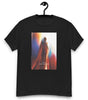 T-shirt noir Superman Look Up Inspiring Heroic avec design du nouveau film Superman 2025, silhouette héroïque avec cape rouge sur fond coloré.