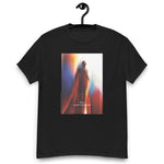T-shirt noir Superman Look Up Inspiring Heroic avec design du nouveau film Superman 2025, silhouette héroïque avec cape rouge sur fond coloré.
