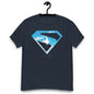 T-shirt bleu marine avec logo Superman en silhouette dans le ciel, inspiré du nouveau film Superman 2025, vêtement tendance pour fans de comics.