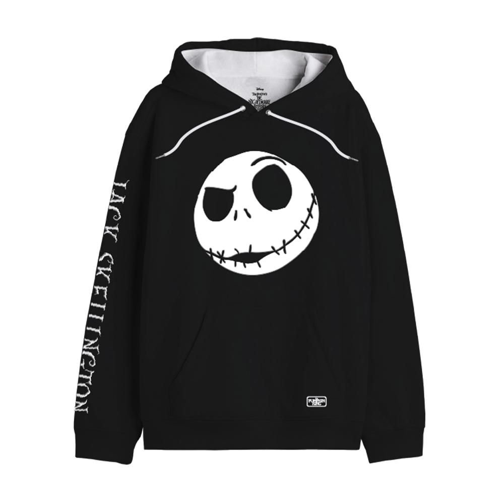 Sweat Disney Jack Skellington – Hoodie Officiel Noir avec grand motif visage de Jack sur le devant et inscription sur la manche droite. Parfait pour fans de L'Étrange Noël de monsieur Jack.