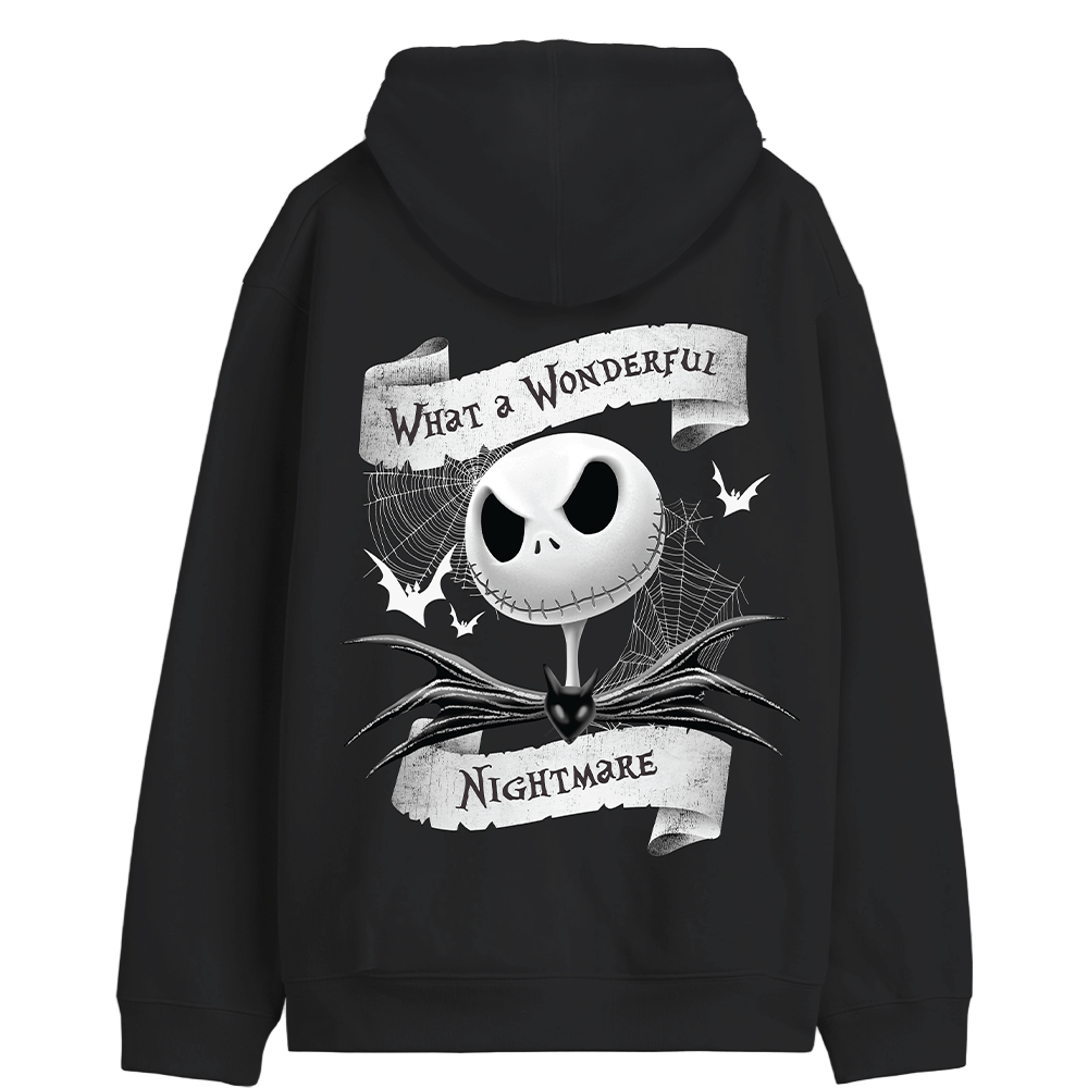 Sweat à capuche noir Disney Jack Skellington avec design gothique 'What a Wonderful Nightmare' au dos, toile d’araignée et chauves-souris.