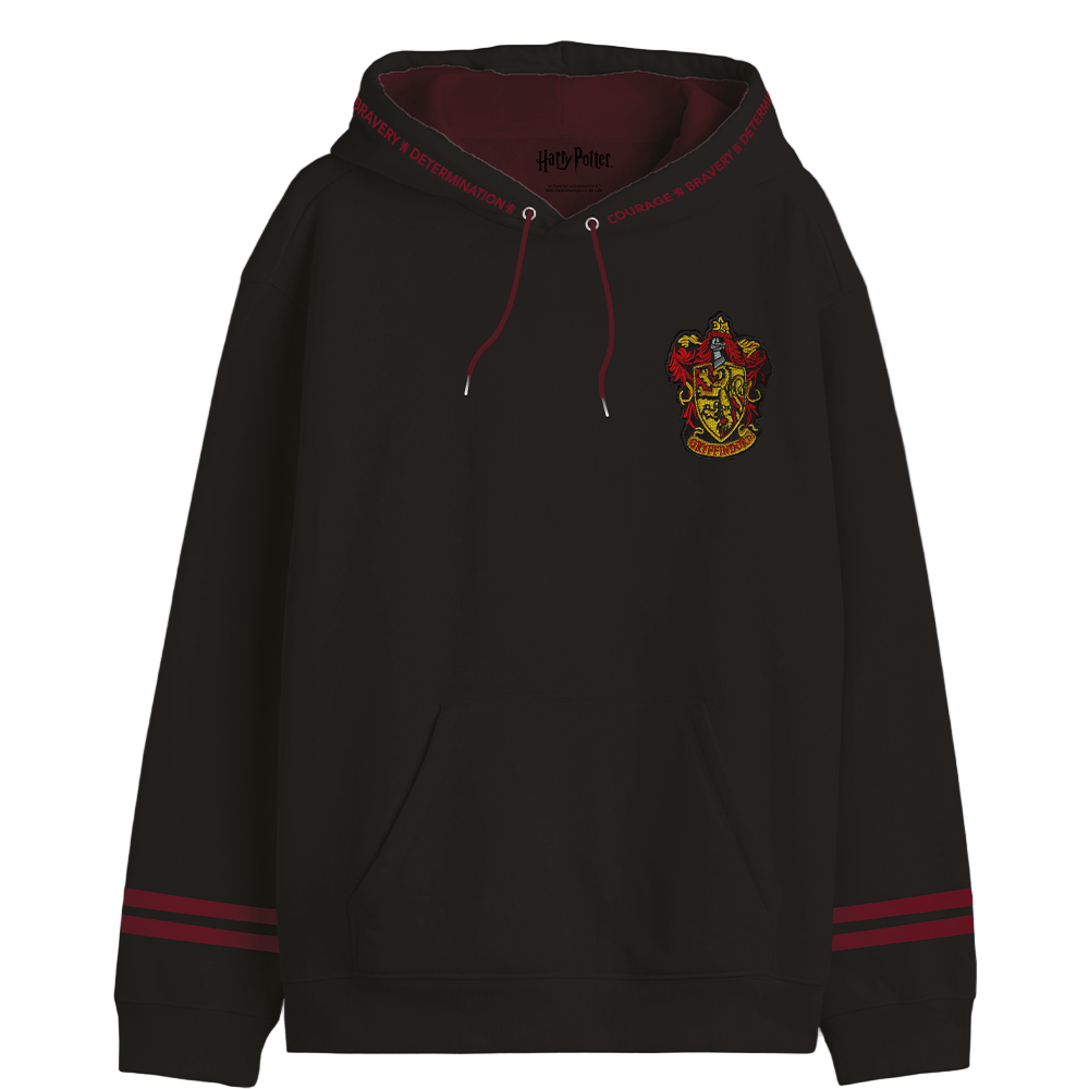 Hoodie Harry Potter Gryffondor noir avec petit blason brodé à l’avant et capuche doublée rouge. Vêtement sous licence pour fans de la saga.