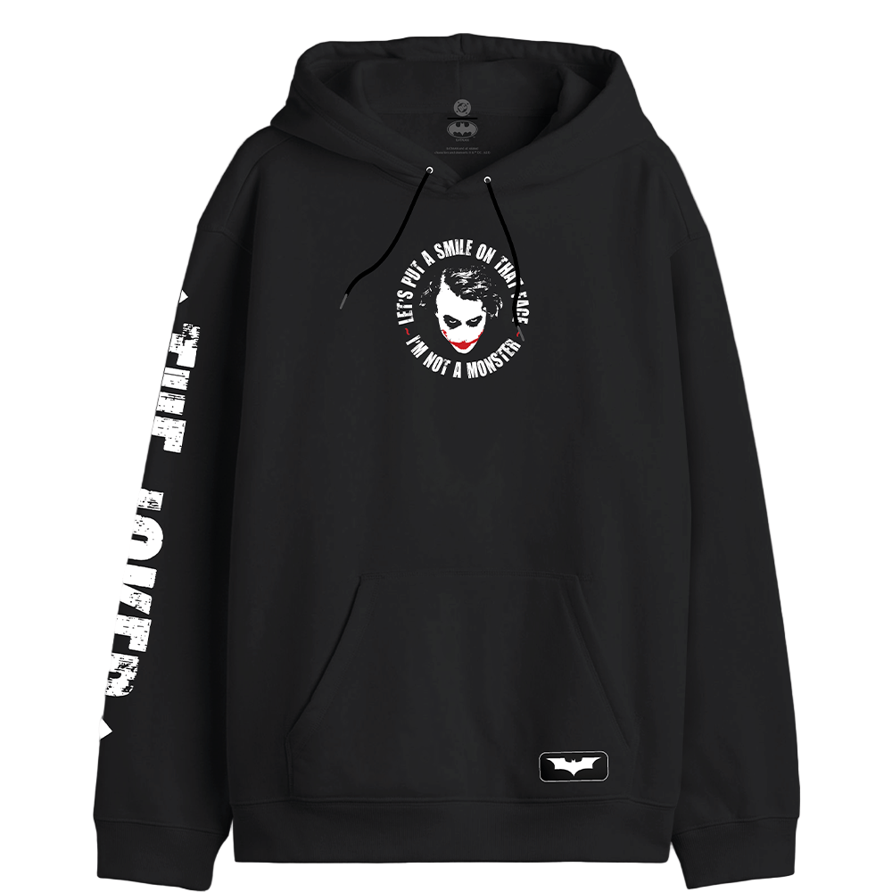 Sweat à capuche noir Joker Officiel avec motif Let’s Put a Smile sur le torse et logo Batman sur la poche, style DC Comics pour fans.