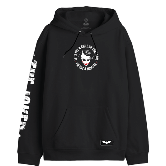 Sweat à capuche noir Joker Officiel avec motif Let’s Put a Smile sur le torse et logo Batman sur la poche, style DC Comics pour fans.