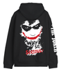 Dos du hoodie Joker Officiel avec grand imprimé Why So Serious et visage du Joker, manches marquées THE JOKER, vêtement sous licence DC Comics.