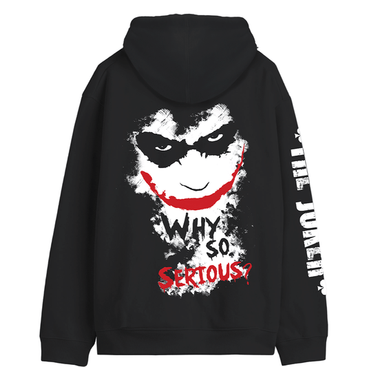 Dos du hoodie Joker Officiel avec grand imprimé Why So Serious et visage du Joker, manches marquées THE JOKER, vêtement sous licence DC Comics.