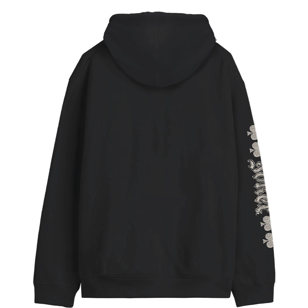 Dos du hoodie Joker Smile Officiel Suicide Squad en coton noir, avec capuche et motif graphique sur la manche droite pour un look streetwear unique.