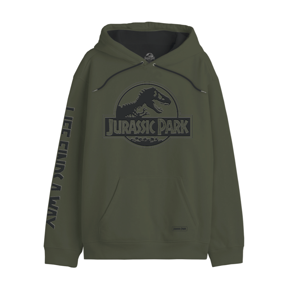 Sweat à capuche kaki Jurassic Park avec logo T-Rex officiel sur la poitrine et inscription 'Life Finds A Way' sur la manche. Hoodie pour fans de dinosaures.