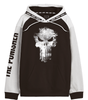 Sweat à capuche Marvel The Punisher officiel avec logo crâne distress blanc sur fond noir, manches blanches et cordons imprimés. Style bicolore unique.