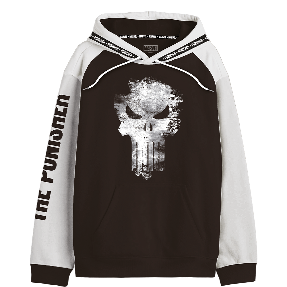 Sweat à capuche Marvel The Punisher officiel avec logo crâne distress blanc sur fond noir, manches blanches et cordons imprimés. Style bicolore unique.
