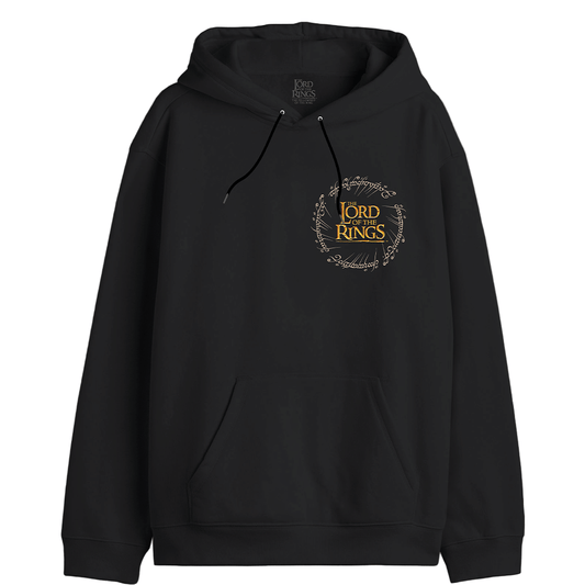 Sweat à capuche noir Seigneur des Anneaux avec logo doré de l’Anneau Unique sur la poitrine. Produit officiel pour fans de Tolkien.