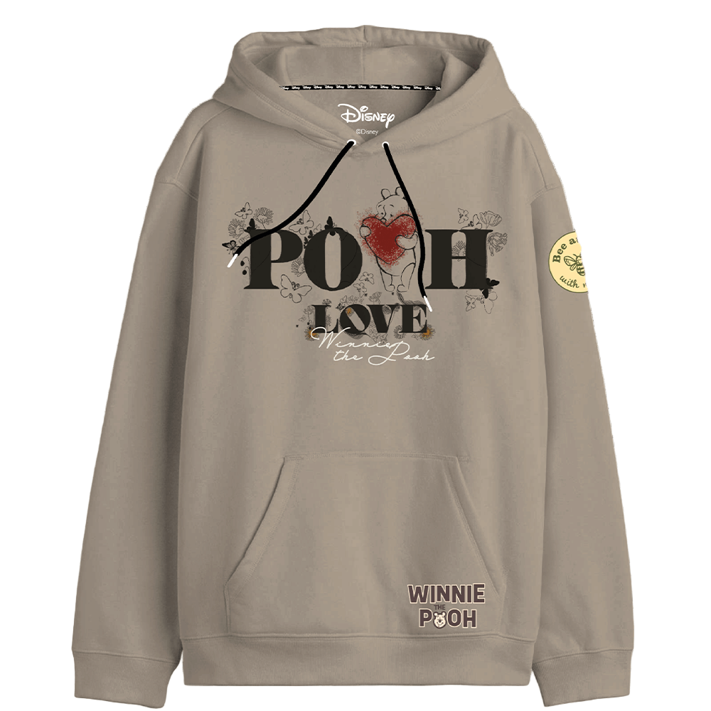 Sweat à capuche beige Winnie l’Ourson Officiel avec motif 'Pooh Love' à l’avant, logo Disney et poche kangourou. Style Disney tendance et confortable.