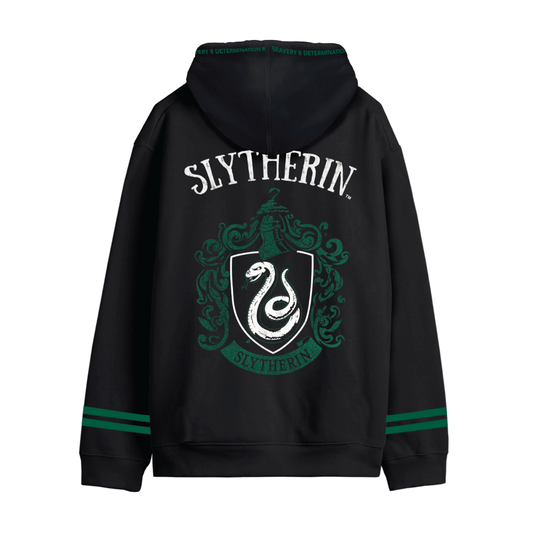 Sweat Harry Potter Serpentard noir et vert avec grand blason officiel Slytherin au dos. Capuche doublée et bandes vertes sur les manches.