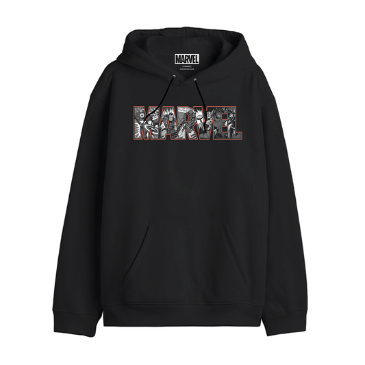 Sweat Marvel Logo Group noir avec capuche, logo MARVEL illustré des super-héros cultes, vêtement officiel pour fans de comics. Hoodie homme confortable et stylé.