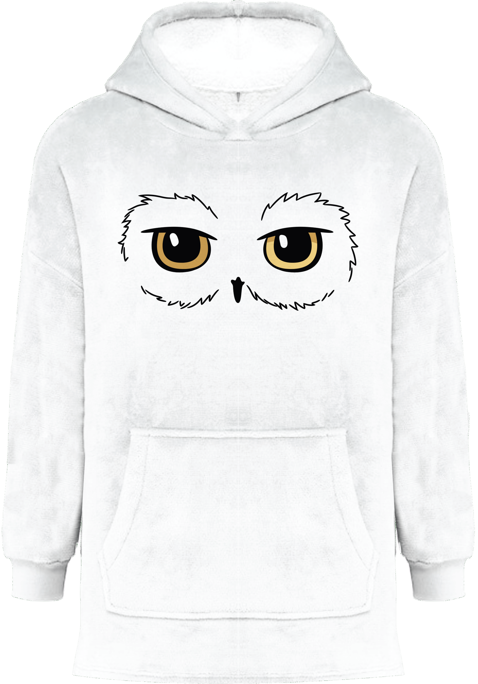 Sweat plaid oversize blanc avec capuche, motif yeux de Hedwig inspiré de Harry Potter, idéal pour fans recherchant confort et style magique.
