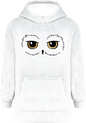 Sweat plaid oversize blanc avec capuche, motif yeux de Hedwig inspiré de Harry Potter, idéal pour fans recherchant confort et style magique.
