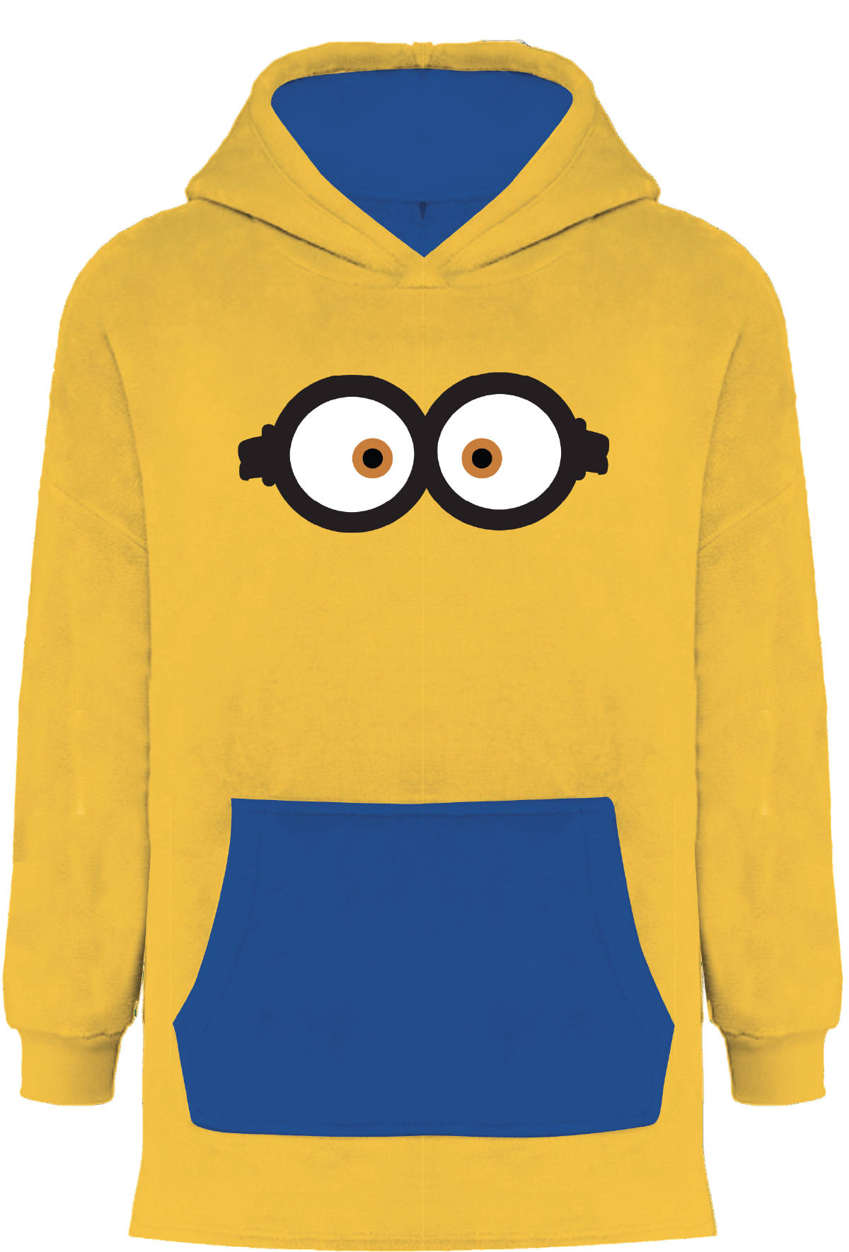 Sweat Plaid The Minions Costume jaune avec capuche, poche kangourou bleue et motif yeux des Minions, style oversize unisexe pour fans de Licences.