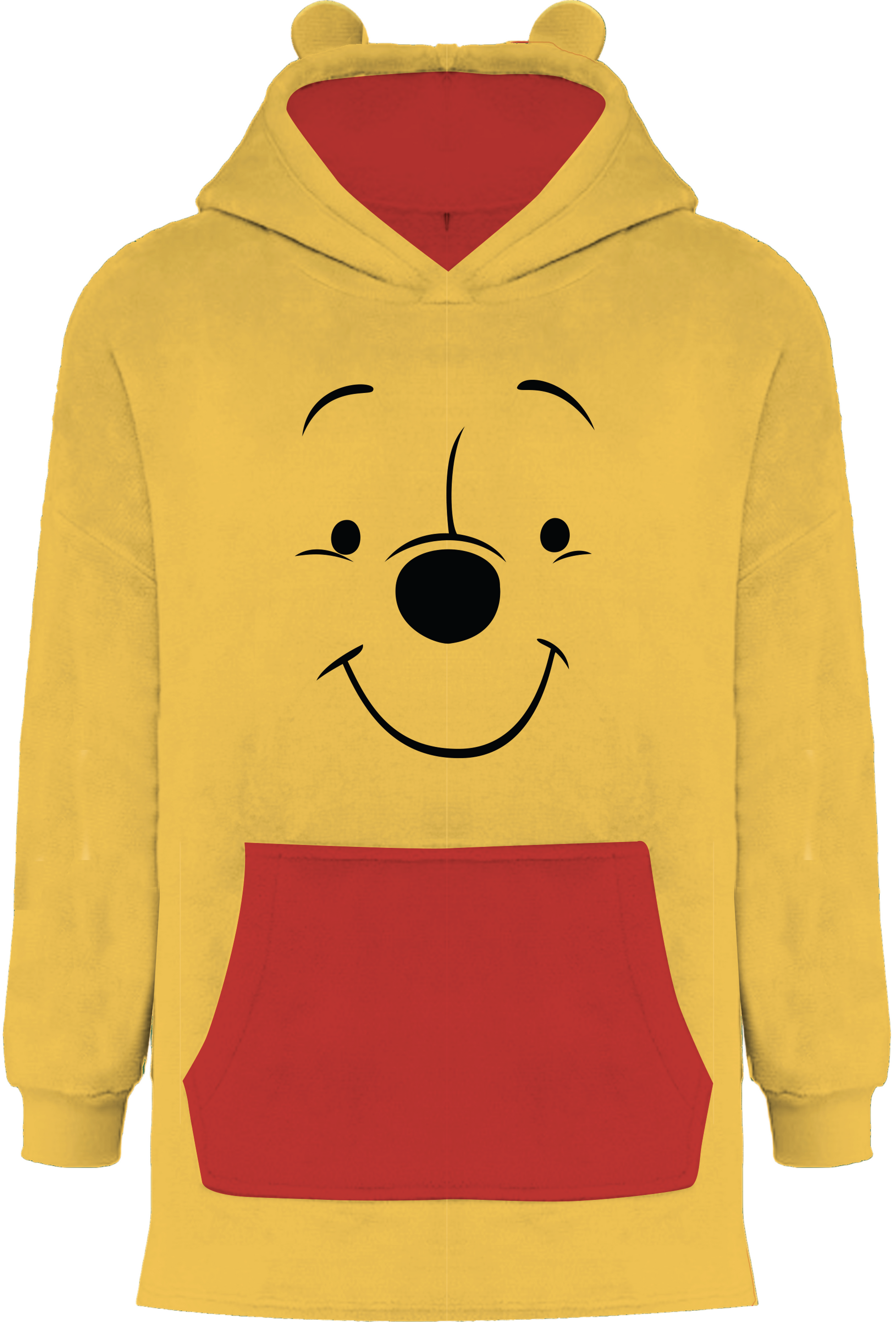Sweat Plaid Winnie Plush - Disney jaune avec capuche à oreilles, poche kangourou rouge et visage de Winnie l'ourson imprimé. Pull oversize doux idéal pour l'hiver.