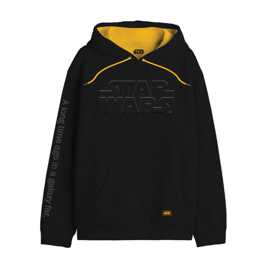 Sweat Star Wars noir avec logo officiel ton sur ton, capuche doublée jaune et citation culte sur la manche. Hoodie homme sous licence Lucasfilm.
