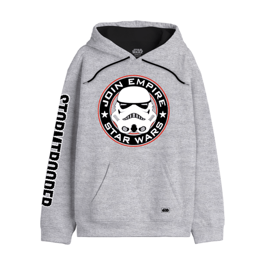 Sweat-shirt gris Star Wars Stormtrooper avec logo 'Join Empire' sur la poitrine et inscription 'STORMTROOPER' sur la manche droite. Hoodie officiel pour fans.
