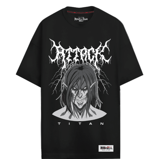 T-shirt Attack on Titan Officiel – Eren Titan Design | Legend Stuff avec illustration d’Eren Titan, éclairs blancs et logo stylisé sur fond noir.