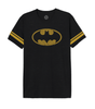 T-shirt Batman noir avec logo vintage jaune DC Comics Officiel, manches rayées style rétro. Idéal pour mode geek et streetwear.