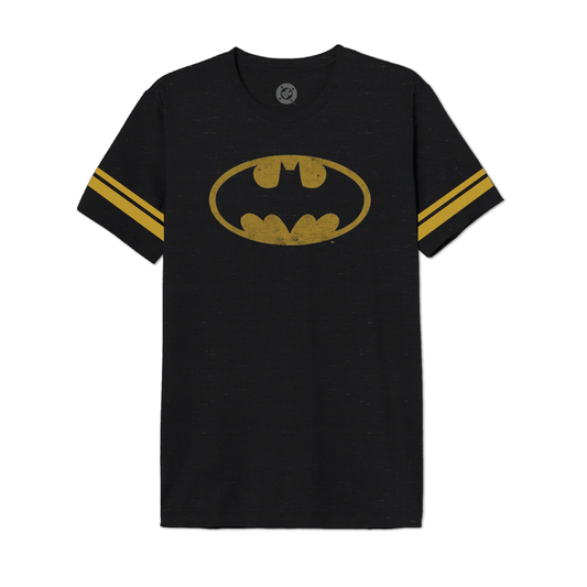 T-shirt Batman noir avec logo vintage jaune DC Comics Officiel, manches rayées style rétro. Idéal pour mode geek et streetwear.