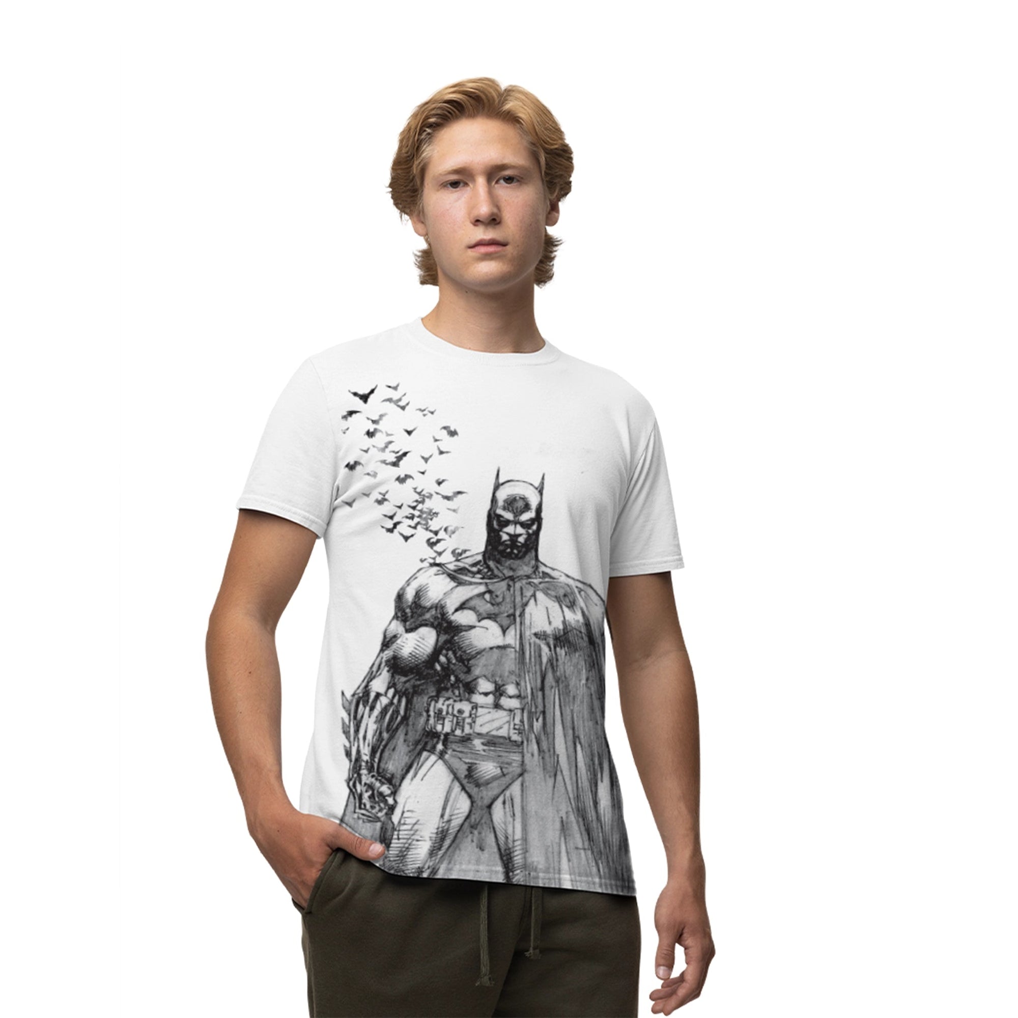 T-shirt BATMAN - THE BAT pour homme avec illustration noire de Batman et envolée de chauves-souris sur fond blanc. Coupe classique, style DC Comics.