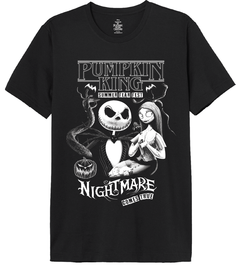 T-shirt Disney - NIGHTMARE COMES TRUE noir avec Jack Skellington et Sally du film L'Étrange Noël de monsieur Jack, design gothique en monochrome. T-shirt classique pour homme, parfait pour les fans de Disney et de The Nightmare Before Christmas.