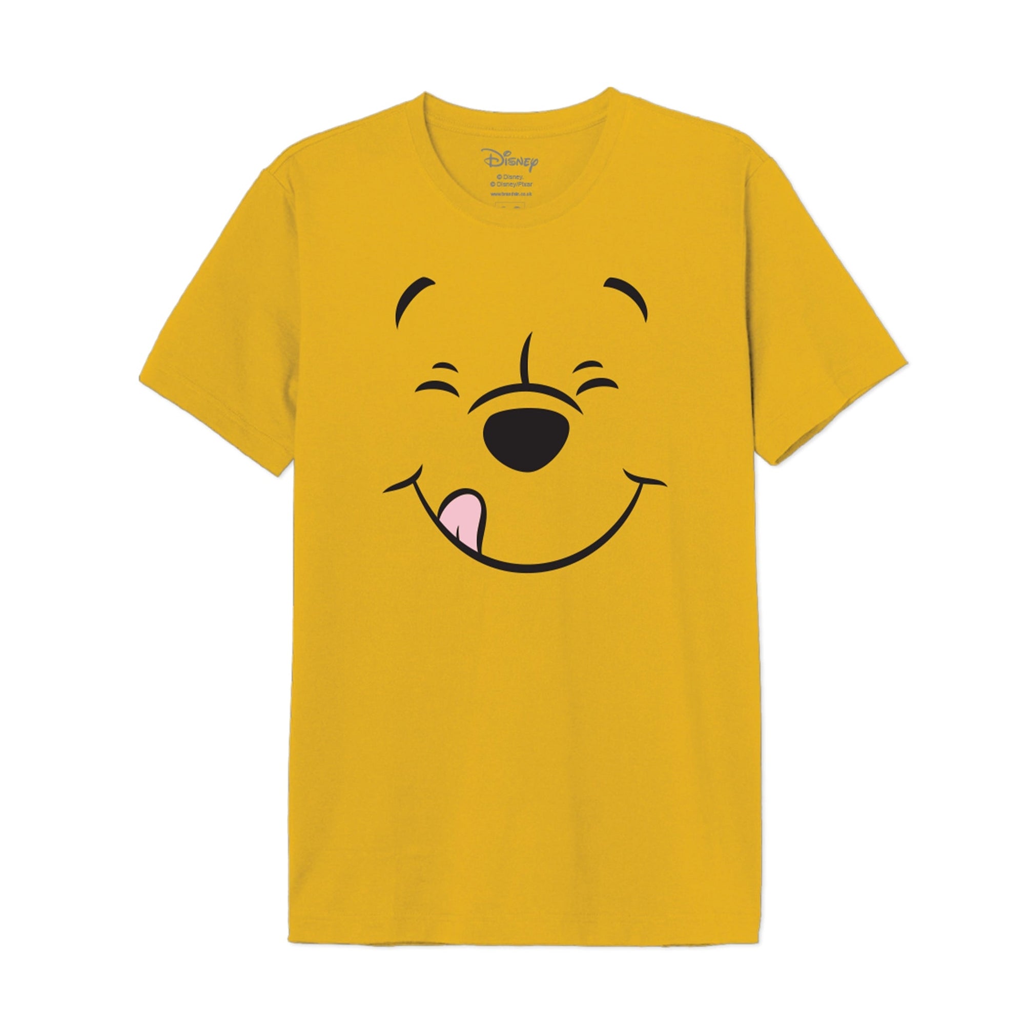 T-shirt Disney - WINNIE SMILE jaune avec imprimé du visage joyeux de Winnie l'ourson. Haut en coton confortable, parfait pour les amateurs de vêtements sous licence Disney.