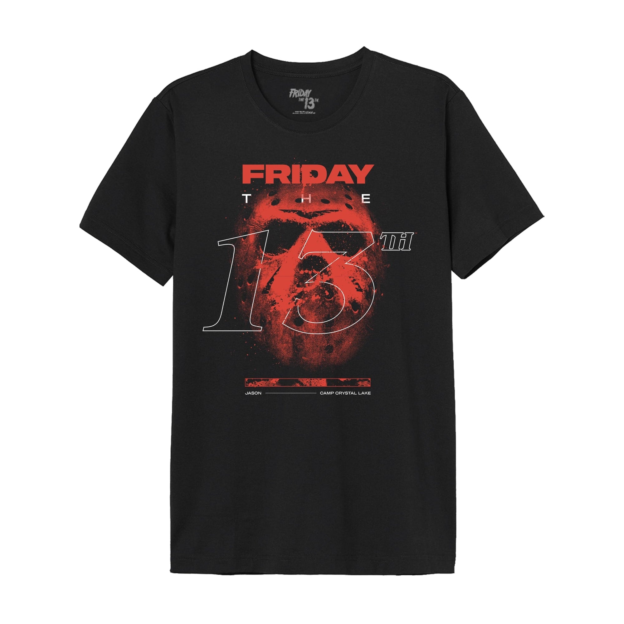 T-shirt Friday the 13th - FRIDAY THE 13TH POSTER à plat, imprimé graphique rouge avec le masque de Jason et le texte du film culte d’horreur.
