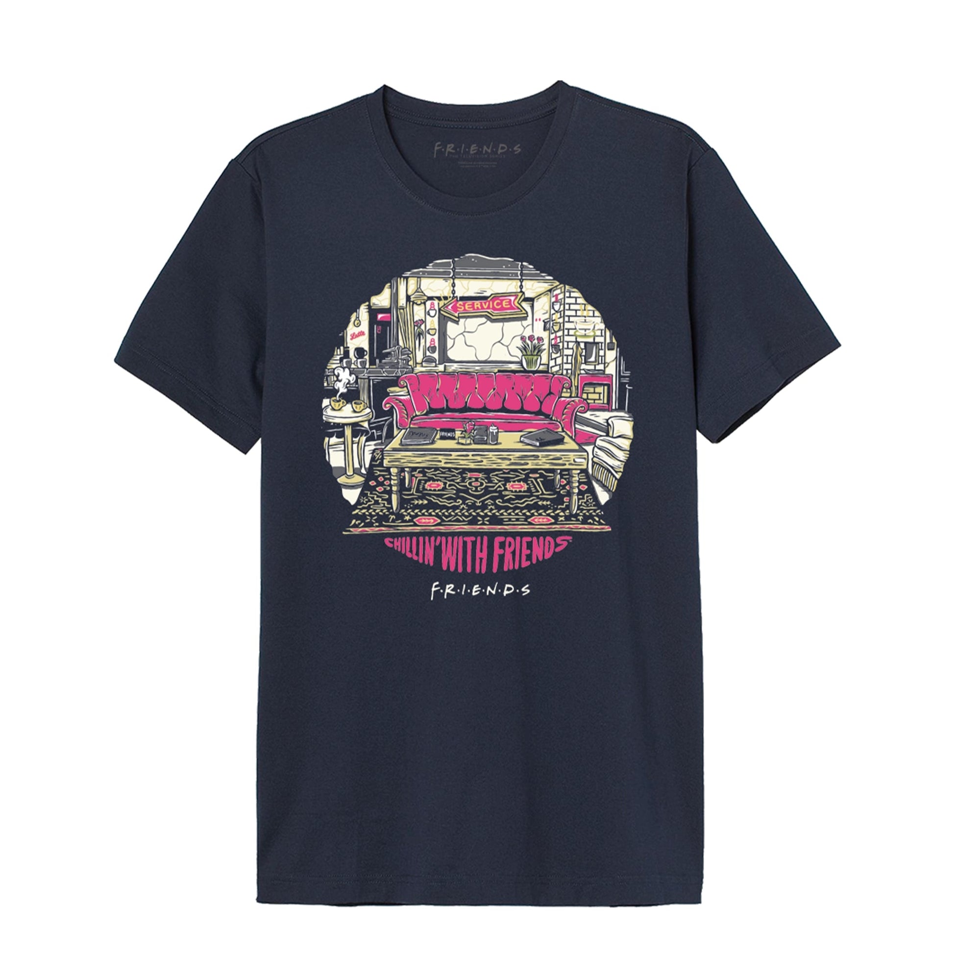 T-shirt Friends - CHILLIN'S WITH FRIENDS à plat, avec illustration colorée du canapé Central Perk et logo FRIENDS sur fond bleu marine. 100 % coton.