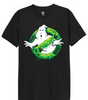 T-shirt Ghostbusters Logo Slime Officiel en coton noir avec impression phosphorescente Glow in the Dark du logo SOS Fantômes recouvert de slime vert.